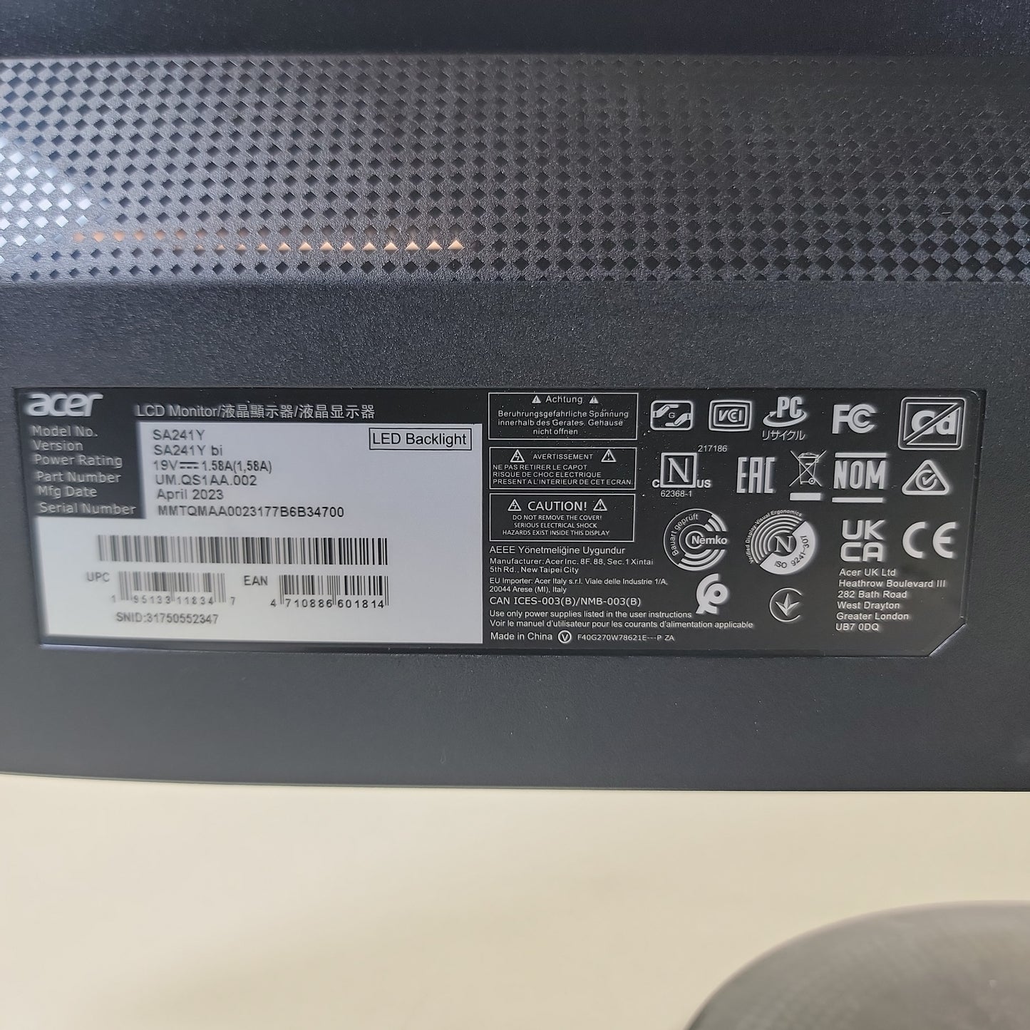 Acer 24" SA241Y FHD IPS LED 75Hz LED Monitor