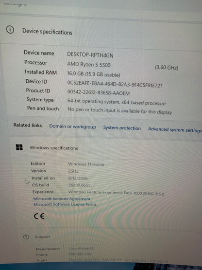CyberPower PC Ryzen 5 5500 3.60GHz 16GB RAM 1TB SSD Gigabyte Radeon RX 6500 XT