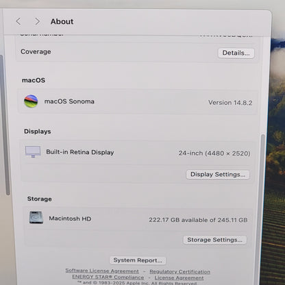 2021 Apple iMac 24" M1 3.2GHz 8GB RAM 256GB SSD Purple A2438